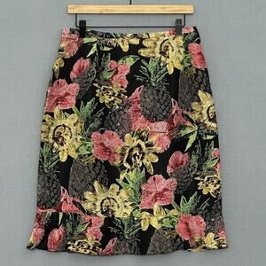 VTG Silk Womens Skirt 12 Black Colorful Tropical Pineapple Hawaiian Floral Retro